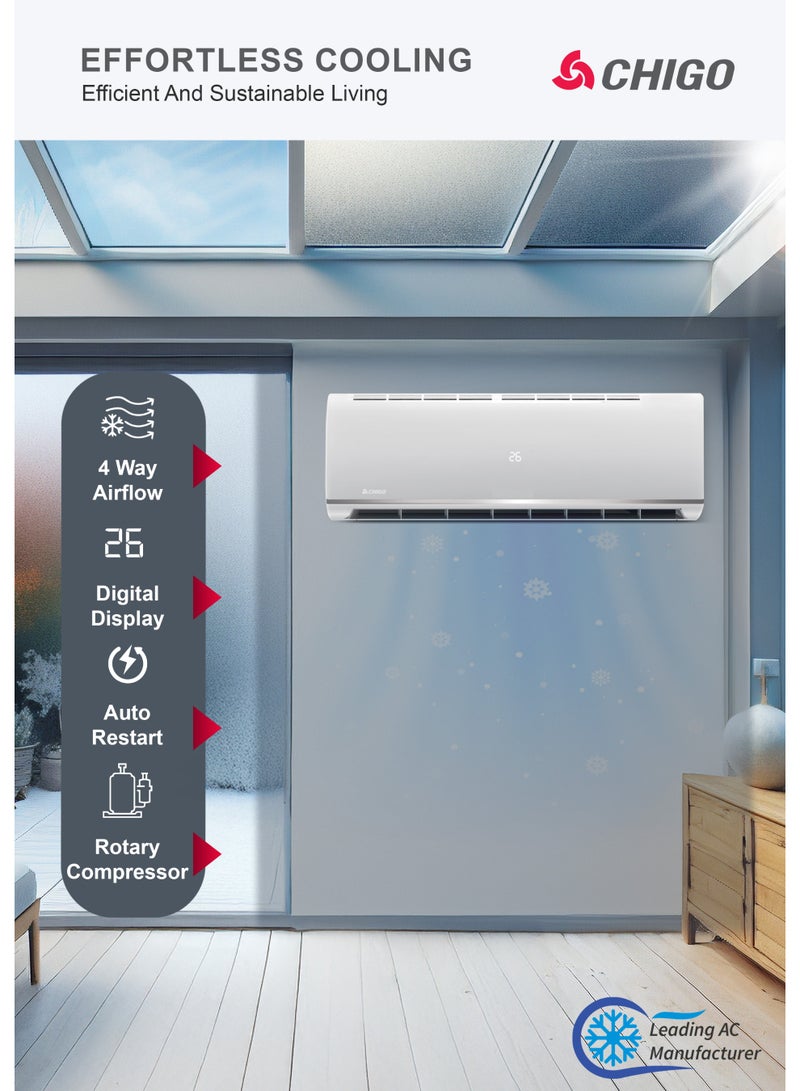 تشيجو مكيف هواء سبليت 1.5 طن | 18000 وحدة حرارية بريطانية | تبريد فقط | مكيف هواء استوائي T3 | ضاغط دوار | تدفق هواء رباعي الاتجاهات | إعادة تشغيل تلقائية | غاز R410a | زعانف ذهبية - CSA18CON - Image 2